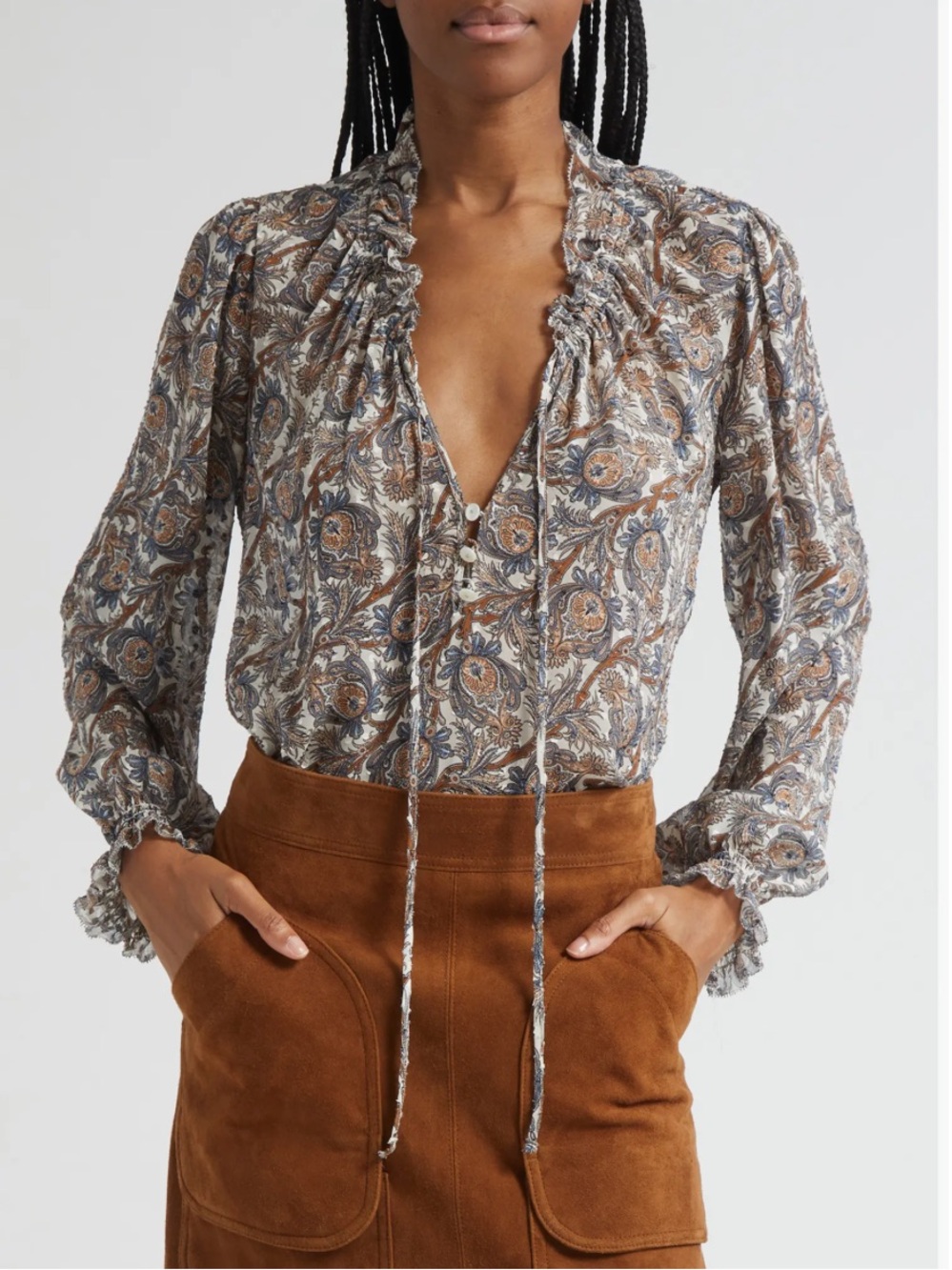 Veronica Beard Hickory Print Tie Neck Silk Blend Blouse S